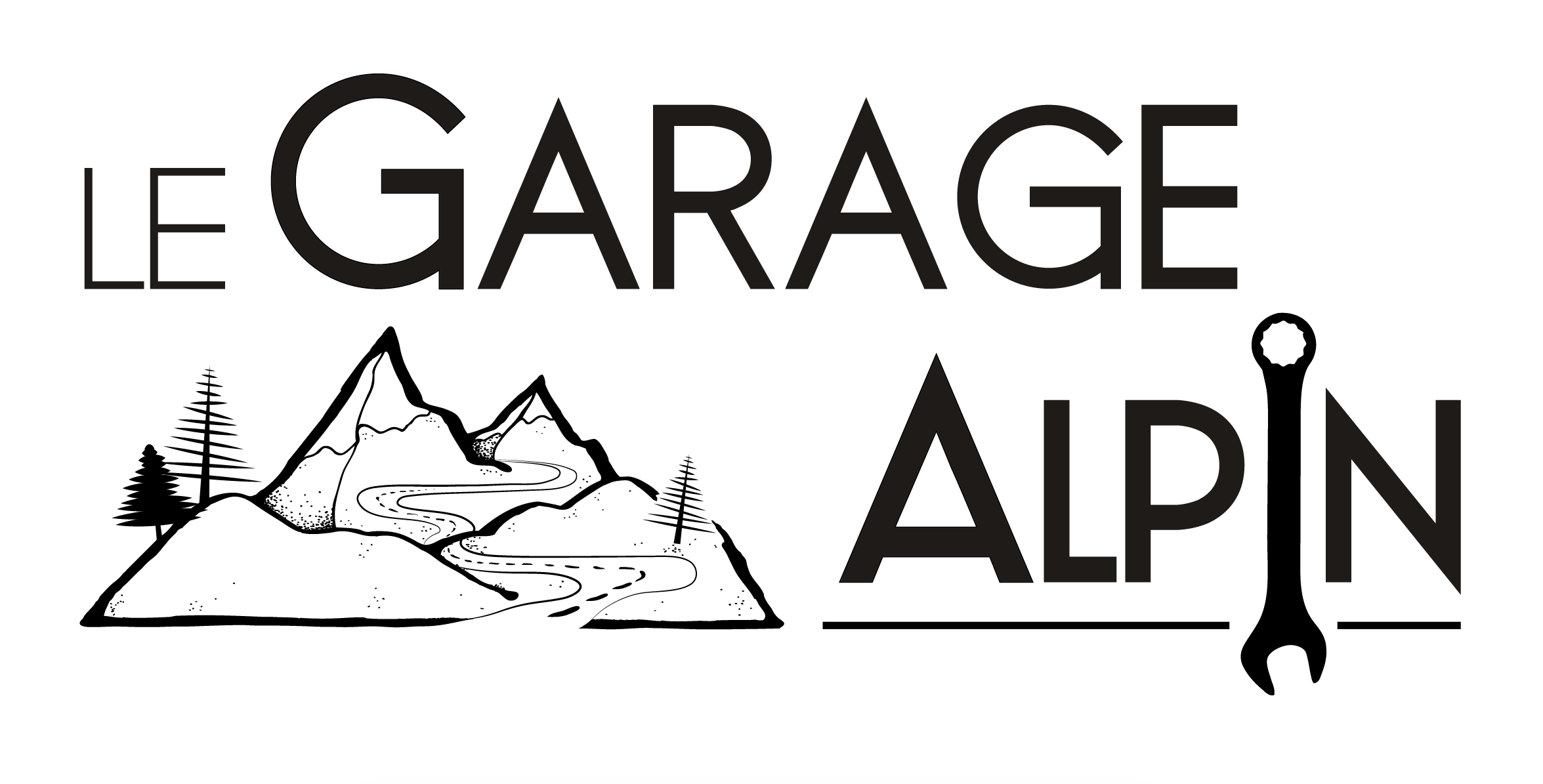 Logo du Garage Alpin avec montagnes et clé plate en forme de 'I